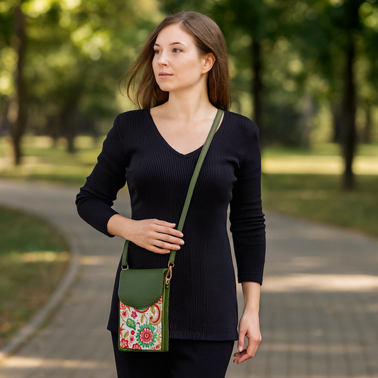 Wholesale Women's Paisley Crossbody Phone Wallet - Fabric with Leather Trim