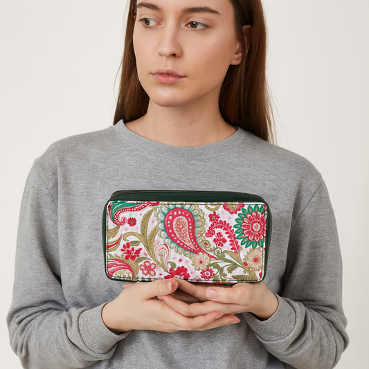 Wholesale Paisley Travel Jewelry Organizer - Fabric with Leather Trim for Women