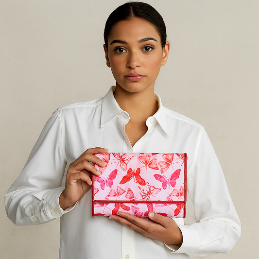Wholesale Butterfly Travel Organizer Wallet - Fabric with Leather Trim for Women