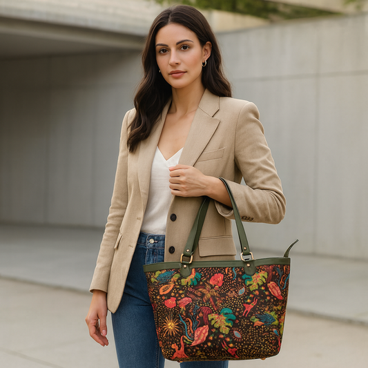 Wholesale Women Coastal Fabric Tote Bag - Fabric with Leather Trim Zip Closure