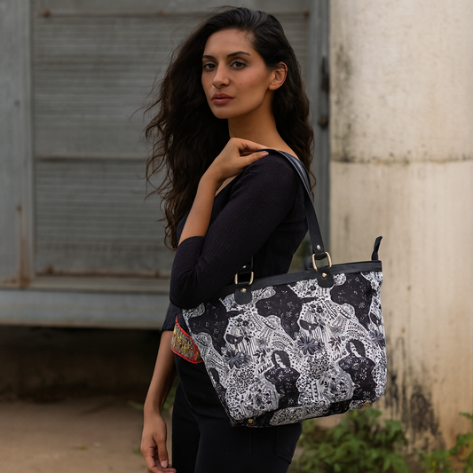 Wholesale Women Monochrome Fabric Tote Bag - Fabric with Leather Trim
