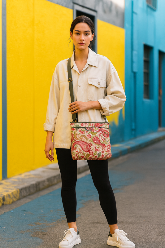Wholesale Crossbody Bag Fabric with Leather Trim and Paisley Print for Women