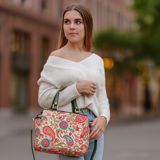 Wholesale Women Paisley Satchel Bag - Fabric with Leather Trim Style
