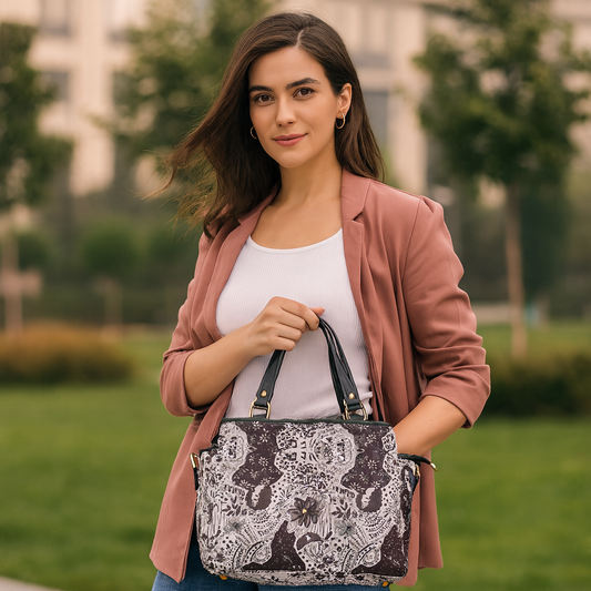 Wholesale Women Monochrome Satchel Fabric Bag - Fabric with Leather Trim
