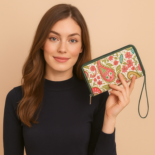 Wholesale Women's Paisley Wristlet Wallet - Fabric with Leather Trim