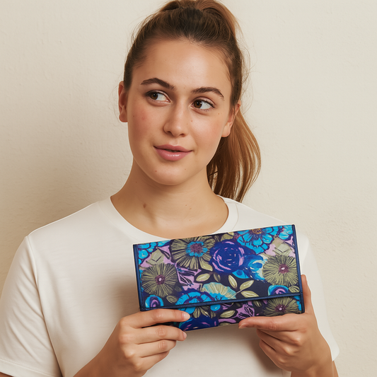 Wholesale Women's Floral Tri-Fold Wallet - Fabric with Leather Trim