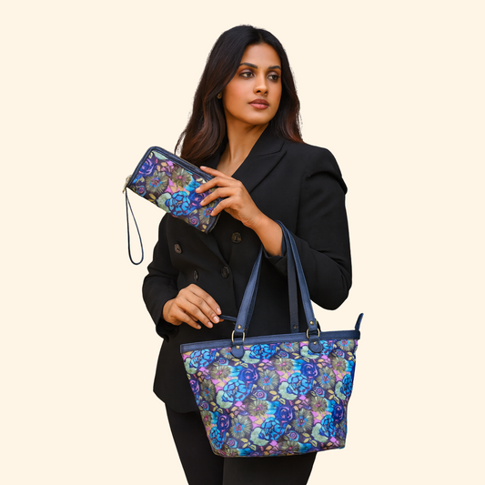 Wholesale Women's Botanical Tote Bag & Wristlet Wallet - Fabric with Leather Trim