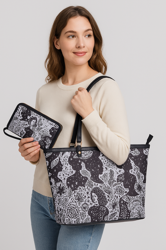 Wholesale Women's Monochrome Tote Bag & Wristlet Wallet - Fabric with Leather Trim