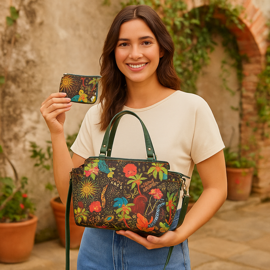 Wholesale Women Coastal Satchel Bag Coin Pouch Combo - Fabric with Leather Trim