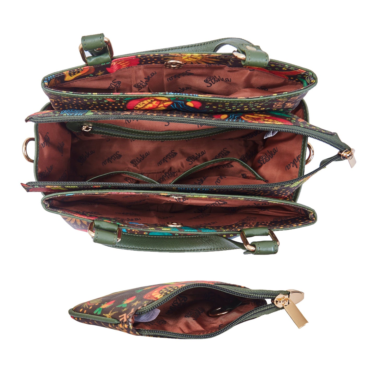 Wholesale Women Coastal Satchel Bag Coin Pouch Combo - Fabric with Leather Trim