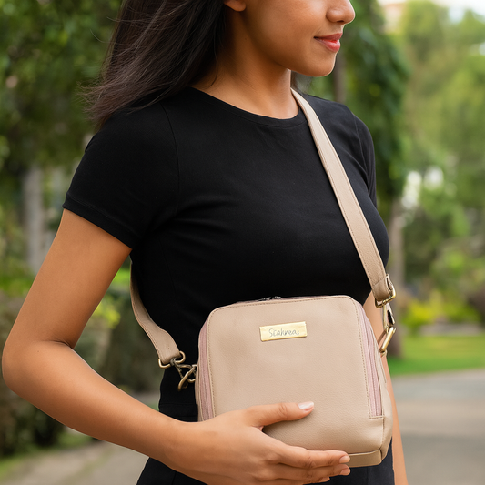 Wholesale Women Taupe Genuine Leather Crossbody Sling Bag