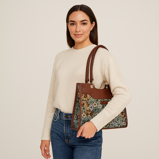 Wholesale women’s Botanical Tapestry Satchel Bag – Leather-Trimmed Handbag, Crossbody & Shoulder Purse