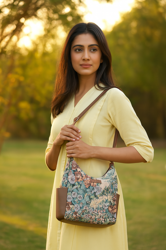 Botanical Tapestry Hobo Bag – Women’s Genuine Leather-Trimmed Shoulder & Crossbody Purse
