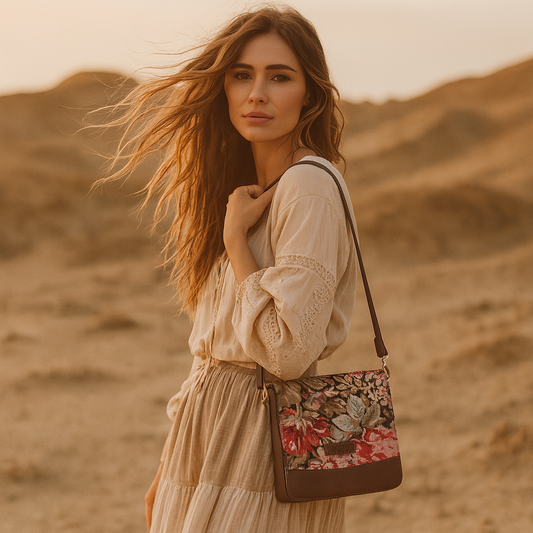 Floral Tapestry Crossbody Bag – Women’s Sling Shoulder Purse with Genuine Leather Trim