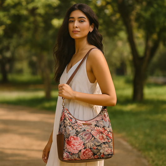 Women's Floral Tapestry Hobo Bag | Stylish Genuine Leather-Trimmed Shoulder & Crossbody Purse for Daily Essentials