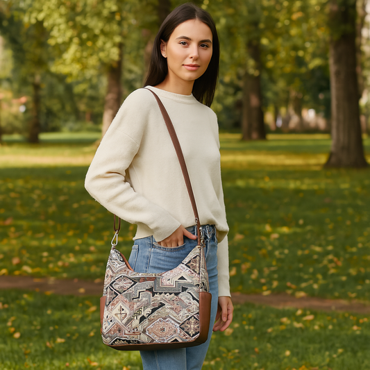 Wholesale Women’s Hobo Bag in Geometric Tapestry Pattern with Genuine Leather Trim | Crossbody & Shoulder Purse for Office