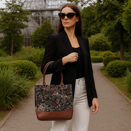 Women’s Vintage Tapestry Tote Bag – Genuine Leather-Trimmed Top Handle Shoulder Handbag for Daily Use, Office & Travel