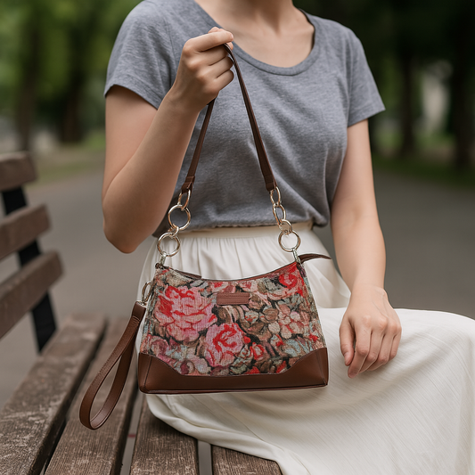 Floral Pattern Tapestry Shoulder Bag for Women – Stylish Tote Sling Satchel Purse with Genuine Leather Trim