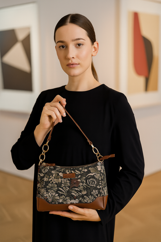 Women’s Vintage Tapestry Shoulder Bag – Genuine Leather-Trimmed Tote Sling Satchel Purse