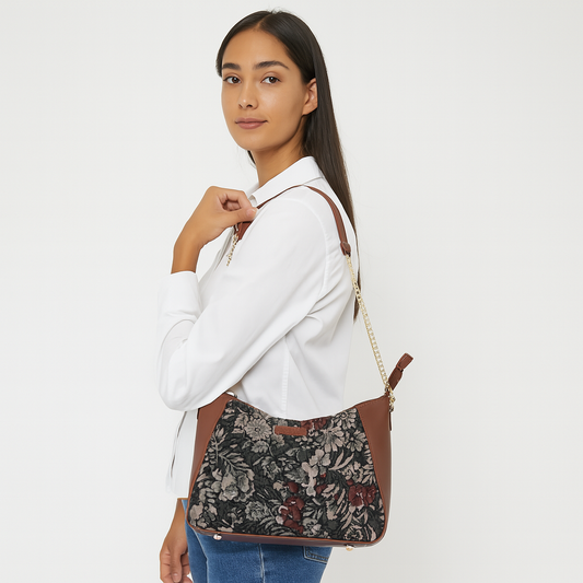 Women's Hobo Bag in Vintage Pattern Tapestry Fabric | Genuine Leather-Trimmed Shoulder & Sling Purse with Chain and Leather Strap