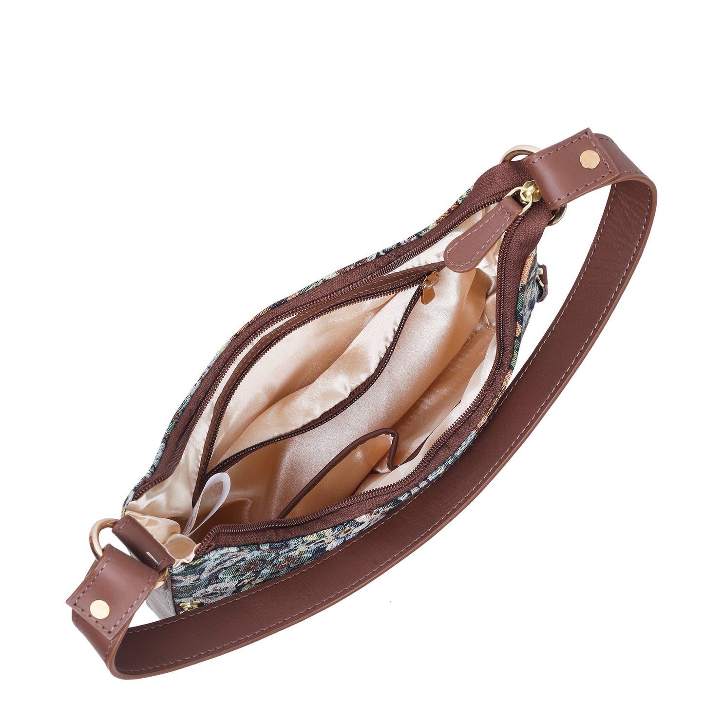 Botanical Design Tapestry Fabric Hobo Bag For Women | Shoulder & Satchel Purse with Genuine Leather Trim and Strap