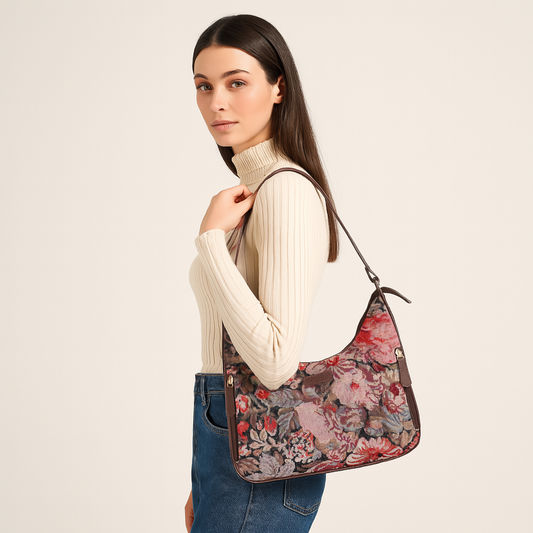 Ladies Hobo Bag in Floral Design Tapestry Fabric | Genuine Leather-Trimmed Shoulder Satchel with Leather Strap for Everyday Use