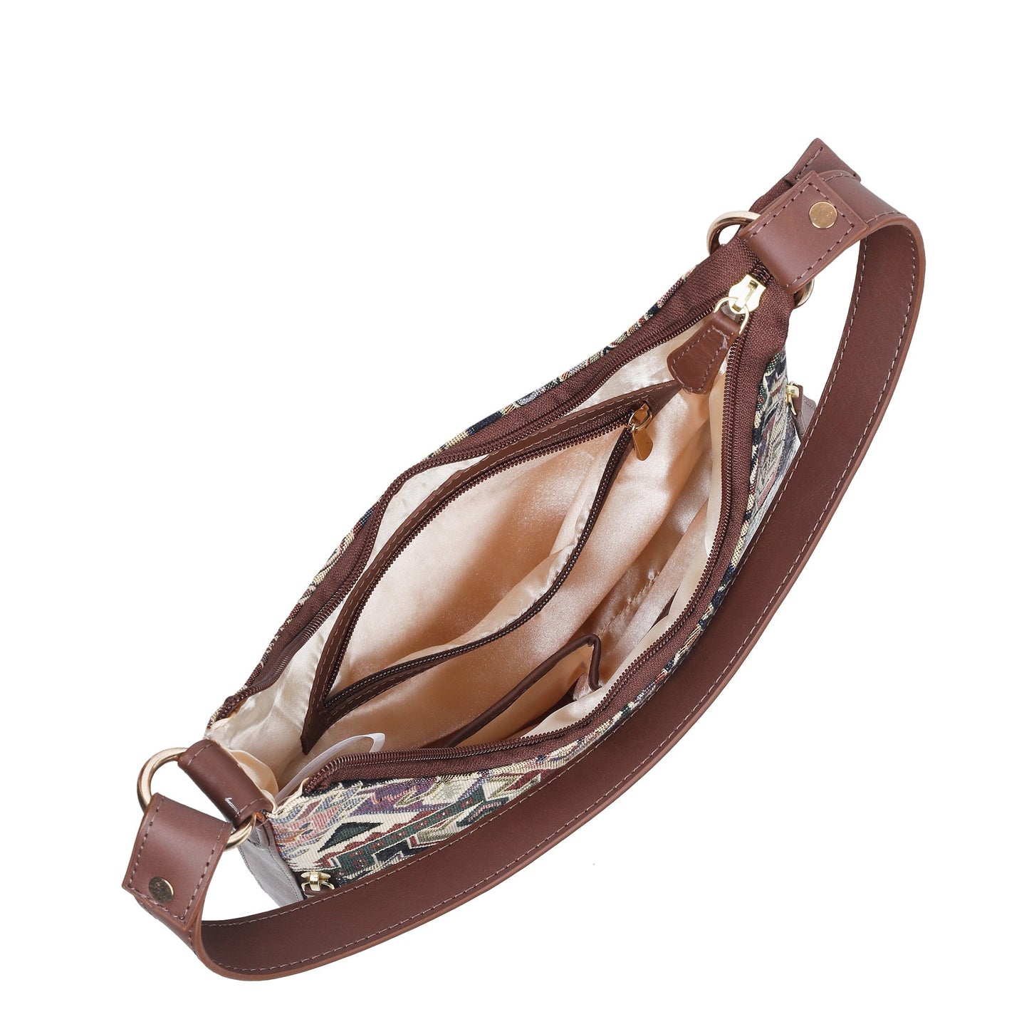 Geometric Pattern Tapestry Hobo Bag For Ladies| Stylish GenuineLeather-Trimmed Shoulder & Satchel Bag with Leather Strap