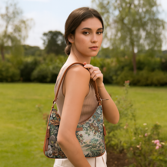 Botanical Design Tapestry Fabric Hobo Bag For Women | Shoulder & Satchel Purse with Vegan leather Trim and Strap for Travel & Casual Use