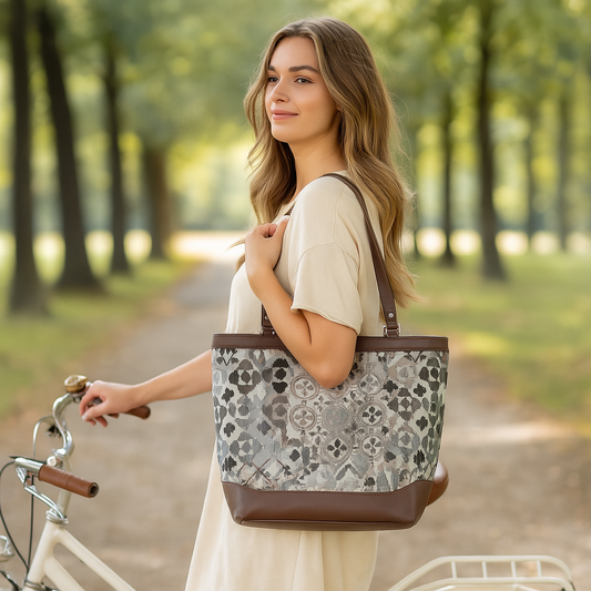 Women’s Abstract Tapestry Tote Bag – Genuine Leather-Trimmed Top Handle Shoulder Purse for Travel & Everyday Style