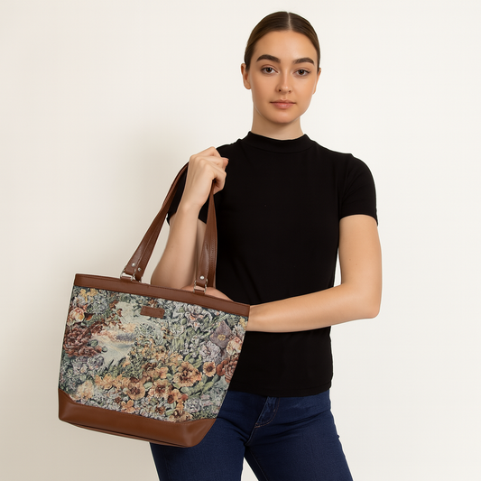 Women’s Botanical Tapestry Tote Bag – Stylish Top Handle Handbag with Genuine Trim Leather for Office & Travel