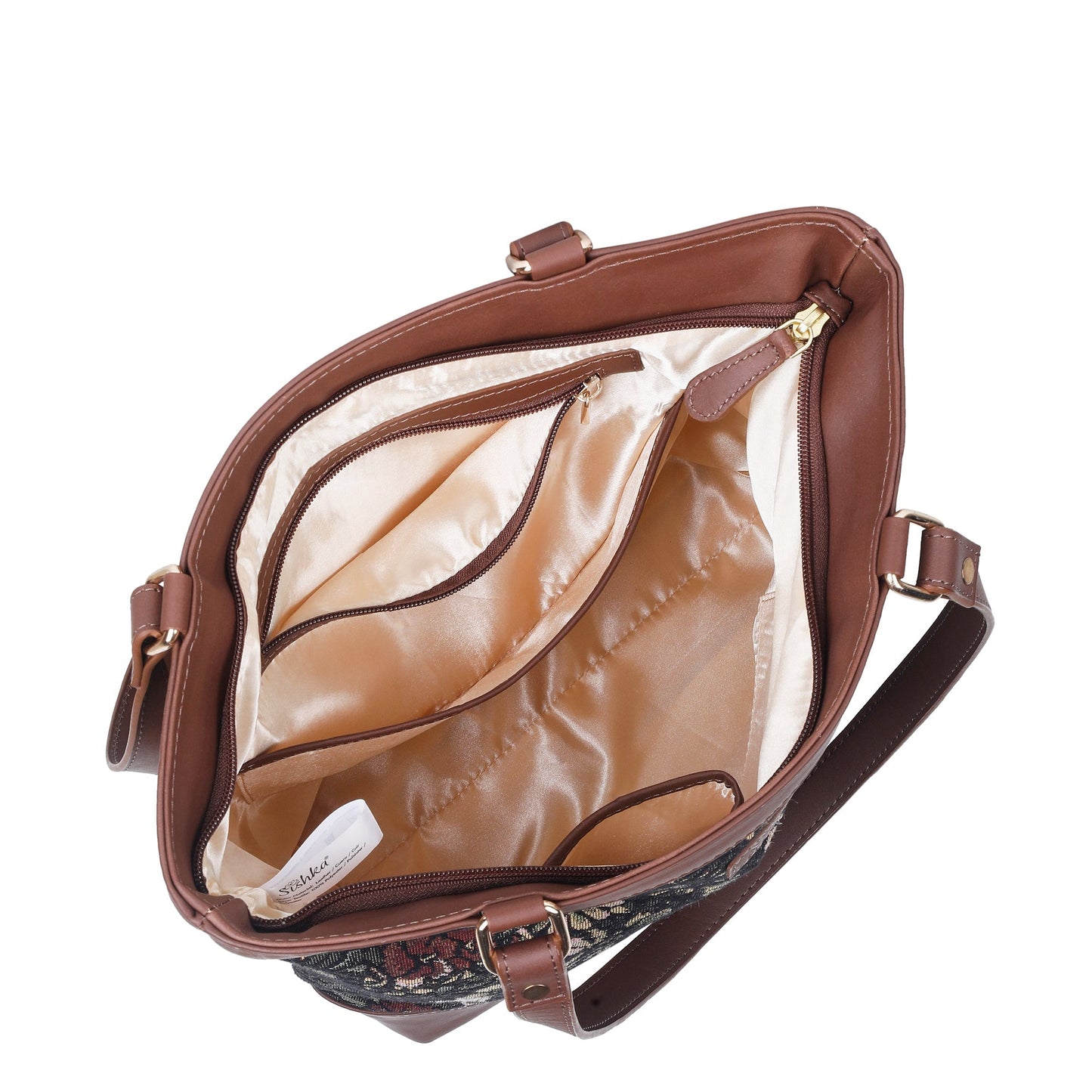 Women’s Vintage Tapestry Tote Bag – Genuine Leather-Trimmed Top Handle Shoulder Handbag for Office
