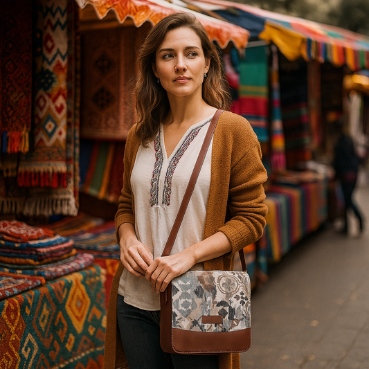 Abstract Tapestry Crossbody Sling Bag – Women’s Shoulder Purse with Genuine Leather Trim
