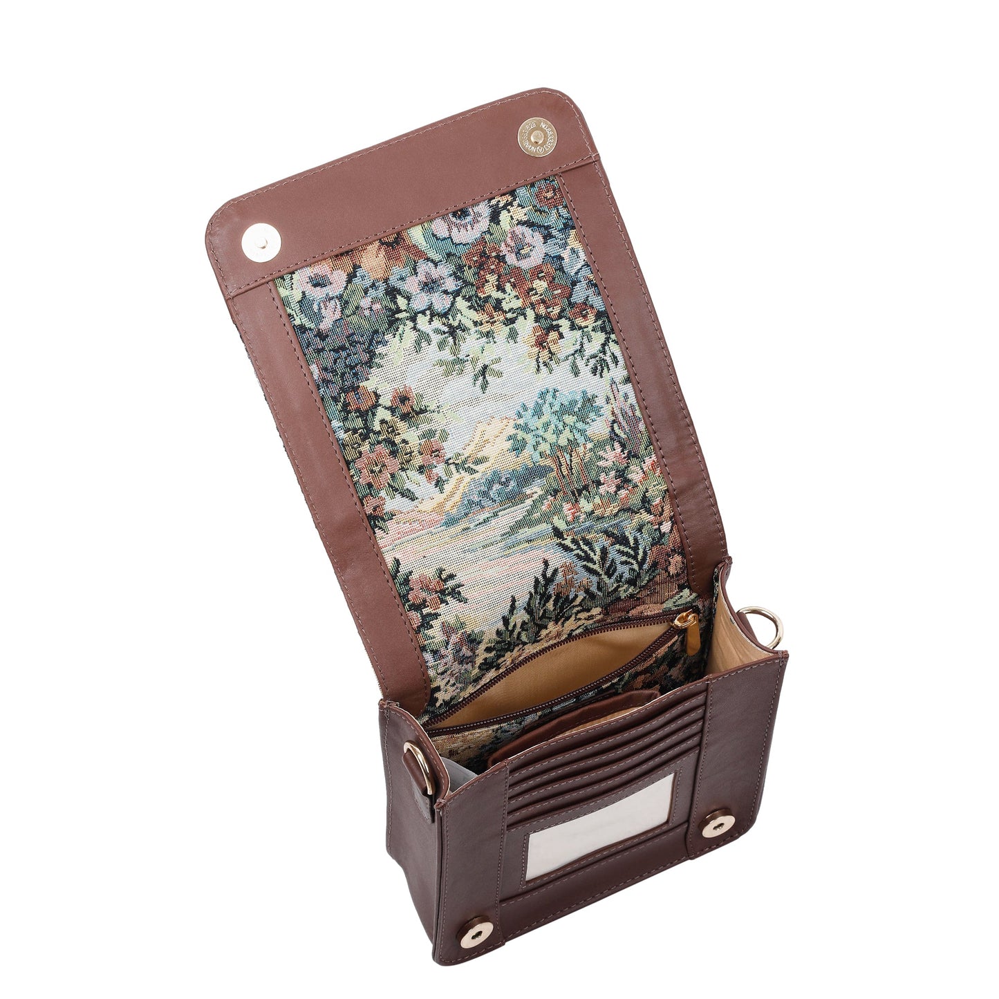 Botanical Tapestry Crossbody Sling Bag – Women’s Shoulder Purse with Genuine Leather Trim