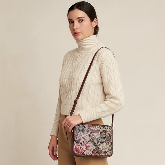 Floral Tapestry Messenger Bag – Women’s Crossbody Sling with Genuine Leather Trim