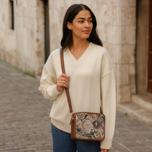 Women’s Geometric Tapestry Shoulder & Crossbody Messenger Bag with Genuine Leather Trim