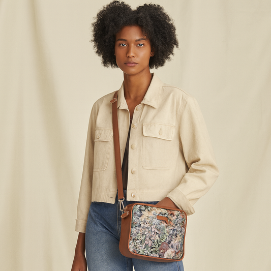 Abstract Design Women Tapestry Messenger Bag – Compact Crossbody Purse with Vegan Leather Trim Handle