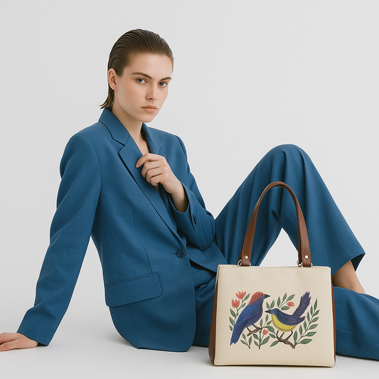 Women’s Wholesale Vegan Leather Tote Shoulder Bag – Hand Printed Birds Print, Multi‑Compartment Handbag for Work, Travel & Everyday Use