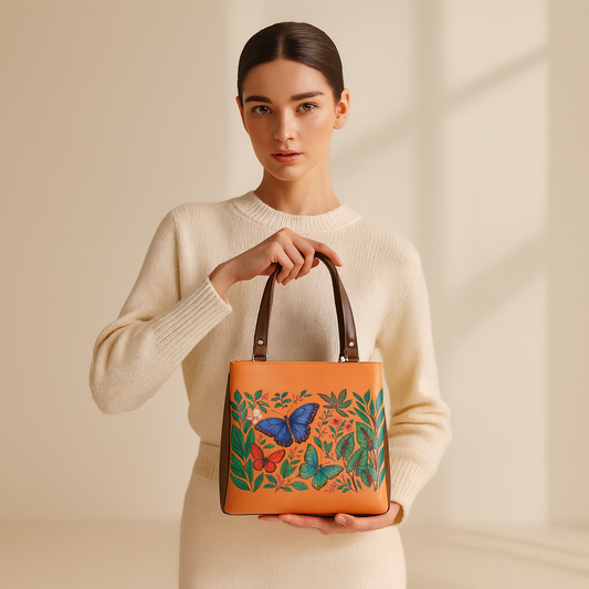 Hand Printed Butterflies Vegan Leather Tote Shoulder Bag – Women’s Wholesale Multi‑Compartment Handbag for Work, Travel & Daily Use