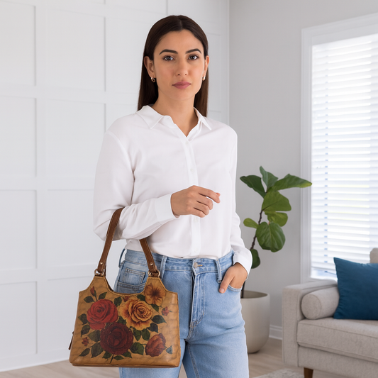 Roses Hand Printed Wholesale Vegan Leather Shoulder Tote Bag for Women – Stylish Top Handle Handbag Purse– Travel, Office & Daily Use