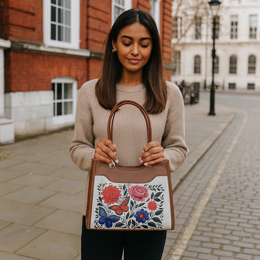 Flowers Hand Printed Women’s Wholesale Vegan Leather Satchel Handbag – Vegan Shoulder & Top Handle Bag – Office, Work, Travel & Daily Use