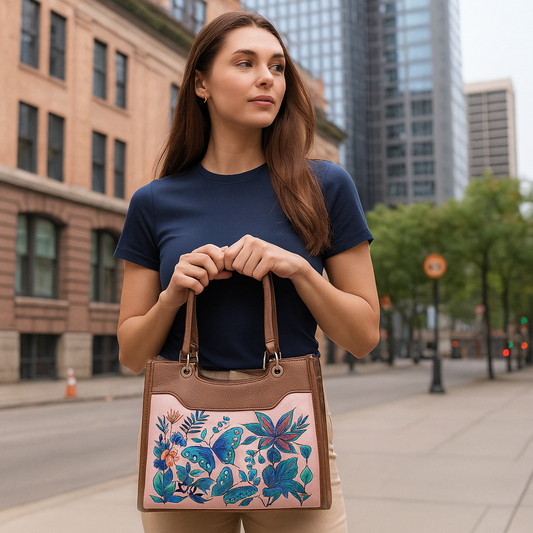 Women’s Wholesale Botanical Hand Printed Vegan Leather Satchel Handbag – Shoulder & Top Handle Bag – Office, Work, Travel & Daily Use