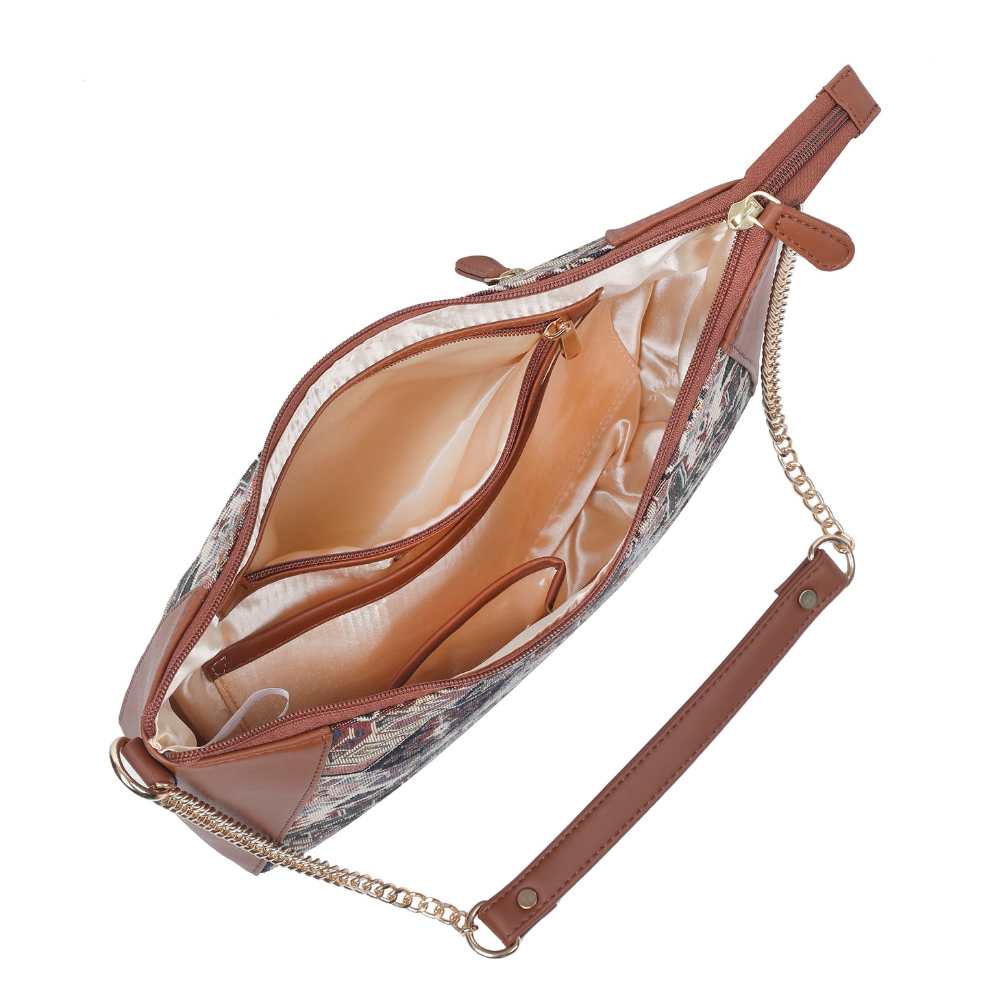 Geometric Design Tapestry Hobo Bag | Stylish vegan leather-Trimmed Shoulder & Satchel Bag with Chain Strap for Office & Outings