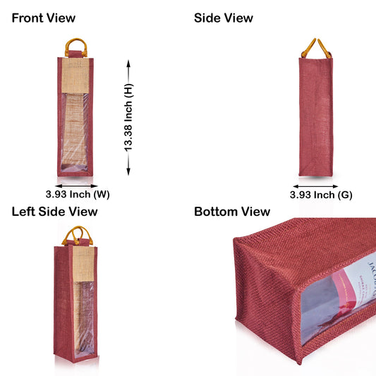 Jute Wine Gift Bags with PVC Window – Wholesale Single Bottle Carriers for Weddings & Events (Pack of 6)