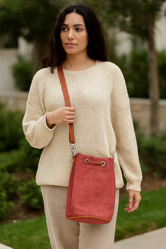 Wholesale Pink Fabric Bucket Crossbody Sling bag with Vegan Leather