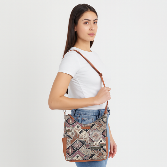Wholesale Women Hobo Bag in Geometric Tapestry Pattern with vegan leather Trim | Crossbody & Shoulder Purse for Office