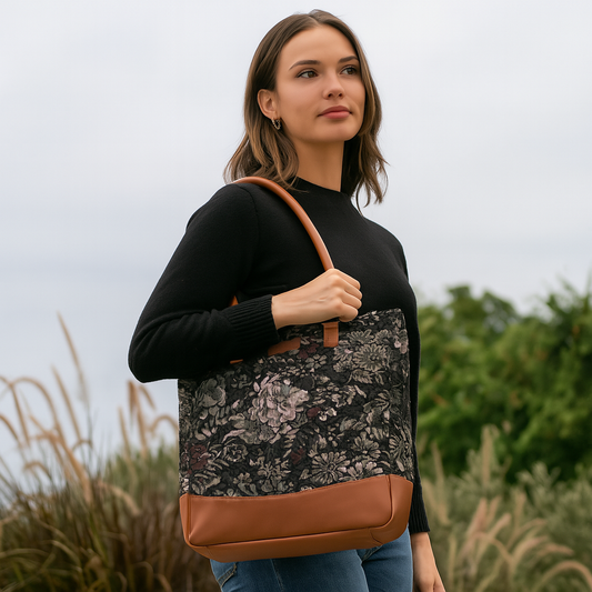 Women Vintage Tapestry Tote Bag – Vegan Leather-Trimmed Top Handle Shoulder Handbag for Daily Use, Office & Travel