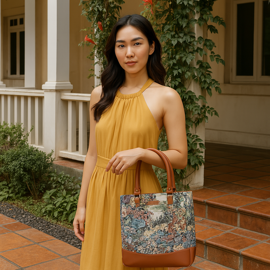 Wholesale Women Botanical Tapestry Tote Bag – Shoulder & Top Handle Handbag with vegan leather Accents