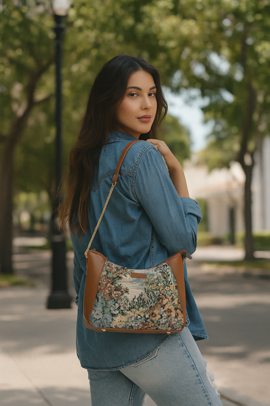 Wholesale Women's Botanical Design Tapestry Hobo Bag | Shoulder & Satchel Purse with Vegan Leather Trim