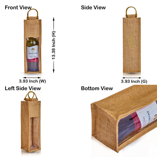 Natural Wholesale Jute Wine Bags with PVC Window – Reusable Single Bottle Bag for Weddings, Parties & Special Occasions (Set of 12)