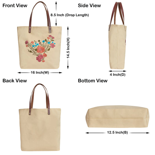 Wholesale Floral Embroidered Canvas Tote Bag with leather